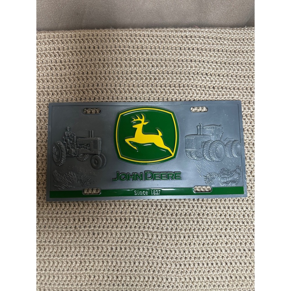 John Deere Embossed Heavy Metal License Plate Logo Vintage Tractor Grey Green